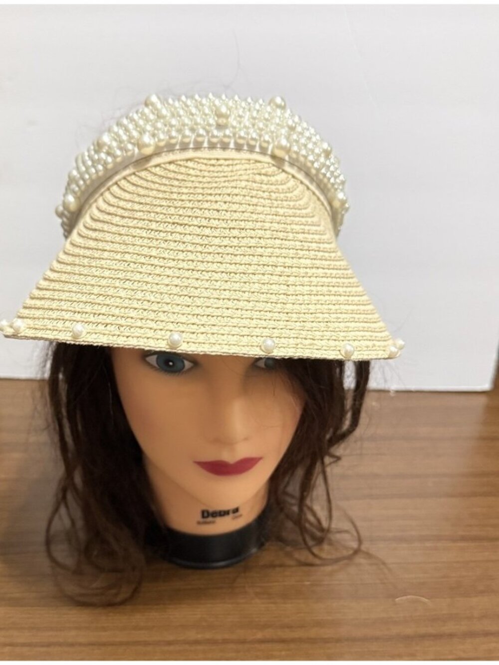 Jane & Berry Visor Paper Straw Pearl Embellished Beige Summer Beach Vacation